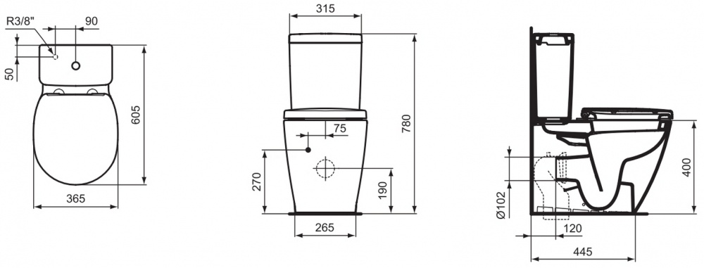 Унитаз Ideal Standard Space Arc E119601 Укороченный Горизонтальный Выпуск