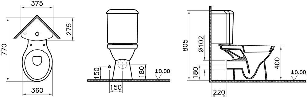 Угловой Унитаз компакт Vitra Norm Wenkeld Горизонтальный Выпуск